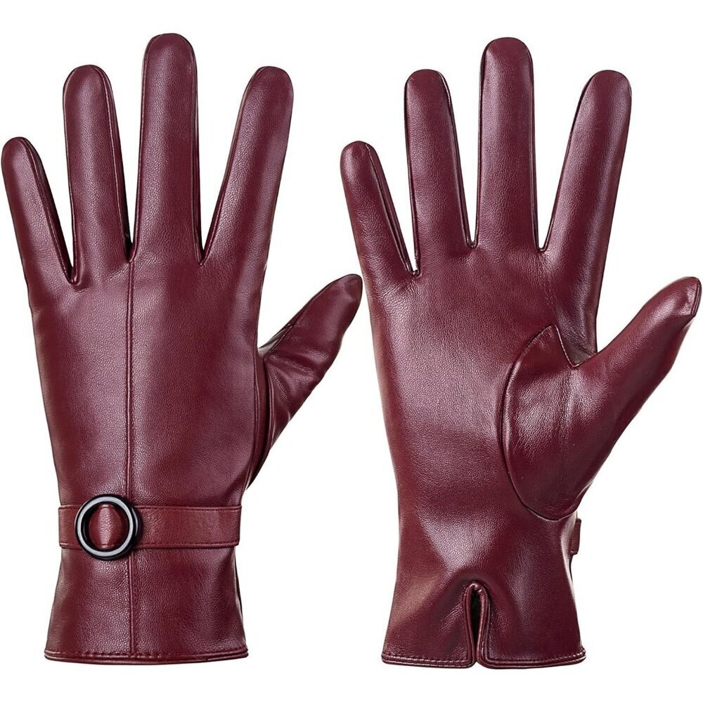 Women's Red Lambskin Leather Gloves Warm Touchscreen Winter Driving Gift